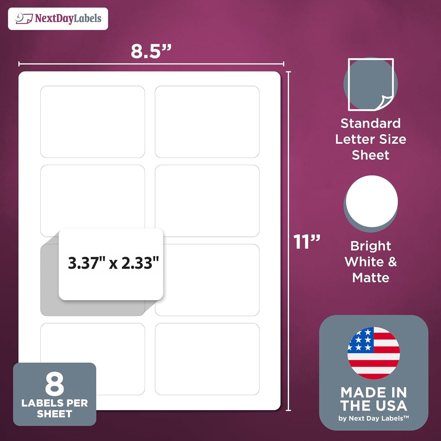 NextDayLabels – 3-3/8" x 2-1/3" Rectangular Sticker Labels for Printer - White Laser/Inkjet Printer Labels Return Address Labels Shipping Label Stickers (250 Sheets, 8 Per Sheet, 2000 Labels)