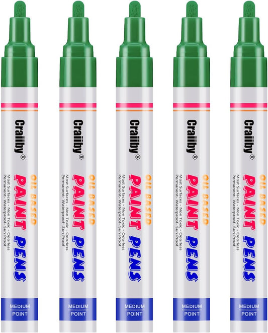 Green Paint Markers, 5 Pack Oil-Based Waterproof Quick Dry Permanent Paint Pen Set for Rocks Painting, Wood, Fabric, Plastic, Canvas, Glass, Mugs, Metal, Tire, Stone, DIY Craft
