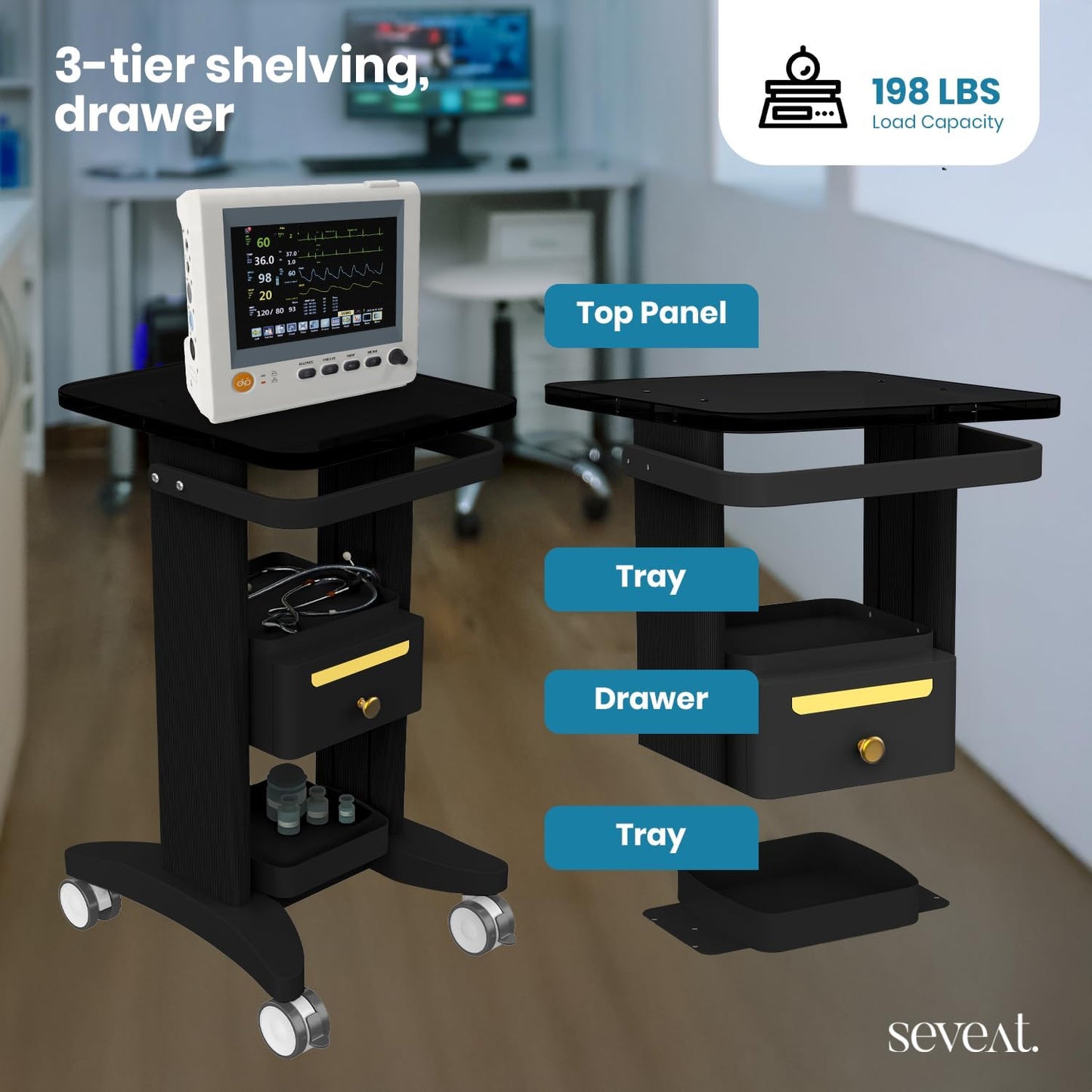 Professional Medical Cart with Drawers, 3 Tier, 198 Lbs Capacity, Portable Rolling Trolley for Home, Spa, Hospital, Office, Clinic (Black)