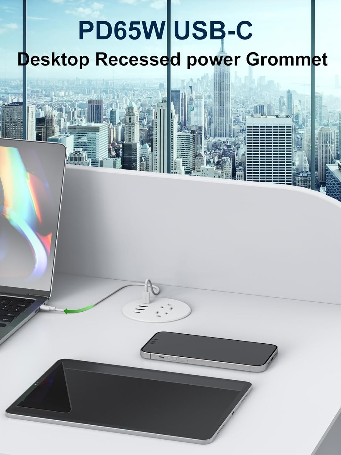 Recessed Power Grommet 3 inch With 65W USB C Ports 2 AC Outlets,Recessed Outlet Fast Charging Station,Desk Hole Grommet Outlets,Round Desktop Power Grommet Outlet for Office,Home (White, 65W USB Port)