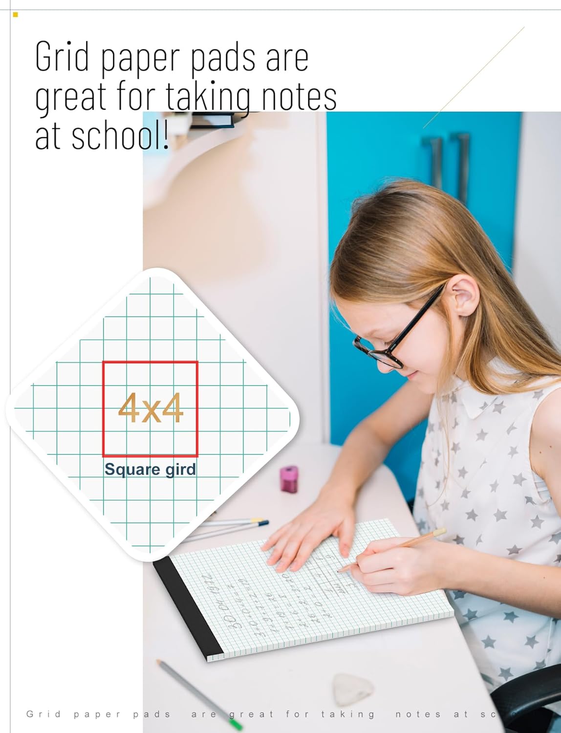 Grid Paper Pads 8.5 x 11, 3 Pack, 4x4 Blue Quad Graph Paper Pads 8.5 x 11, White Quadrille Pad, Easy Tears Off, Cardboard Backing, Grid Notebook 8-1/2" x 11", 70 GSM Graft Paper, 30 Sheets/Pad