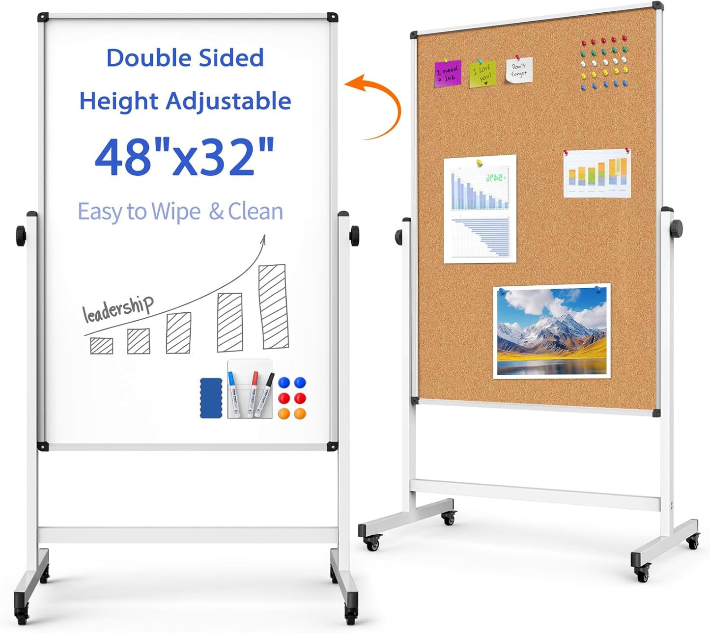 Double-Sided Whiteboard and Corkboard on Wheels, 48 x 32 Inch Magnetic Dry Erase Board with Adjustable Height Stand, Rolling Mobile Board for Office, Classroom, Presentation & Planning (Cork & White)