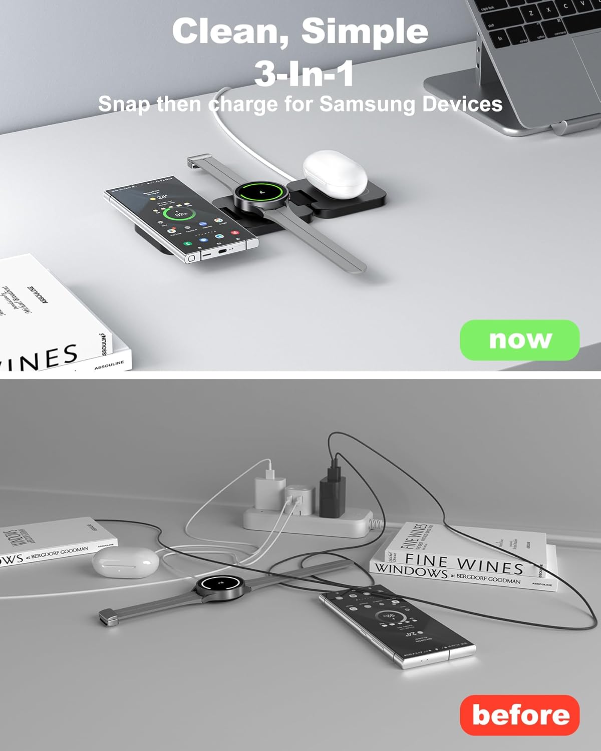 Foldable 3 in 1 Wireless Charging Station for Samsung, KU XIU X55 Ultra Magnetic Travel Charger Stand for Galaxy S24 Ultra S23 S22 Note 20 Z Fold Flip 6 5, Galaxy Watch Ultra 7 6 5, Galaxy Buds, Black