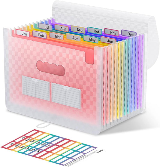 ThinkTex Accordion File Organizer, 12 - Pocket Expanding File Folders for Paper Receipts, Bills&Taxes Organizer, Letter/A4 Size Document Holder for School, Office, Home with Colorful tabs- Pink