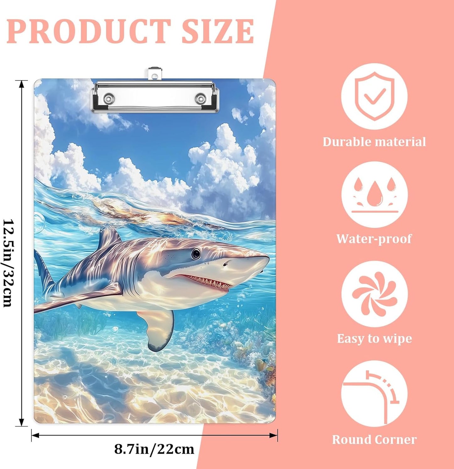 Cute Shark Plastic Clipboards,Cute Fashion Clipboard Decorative 8.5" x 12.5"Standard A4 Size Clipboards,Acrylic Clipboard for Teacher,Social Worker,Students,Nurse,Office Supplies