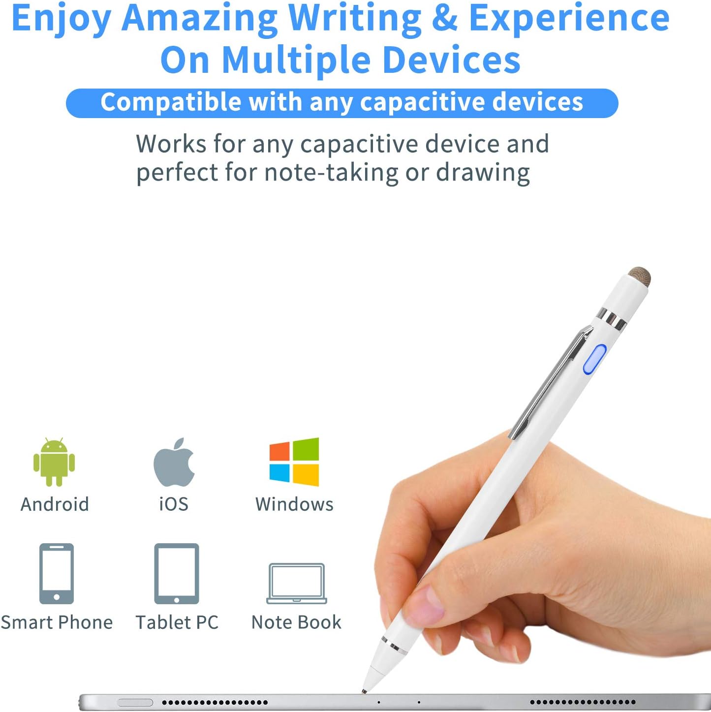 Active Stylus Digital Pen with Ultra Fine Tip Stylus for iPad iPhone Samsung Tablets, Compatible with Apple Pen,Stylus Pen for iPad Pro, White