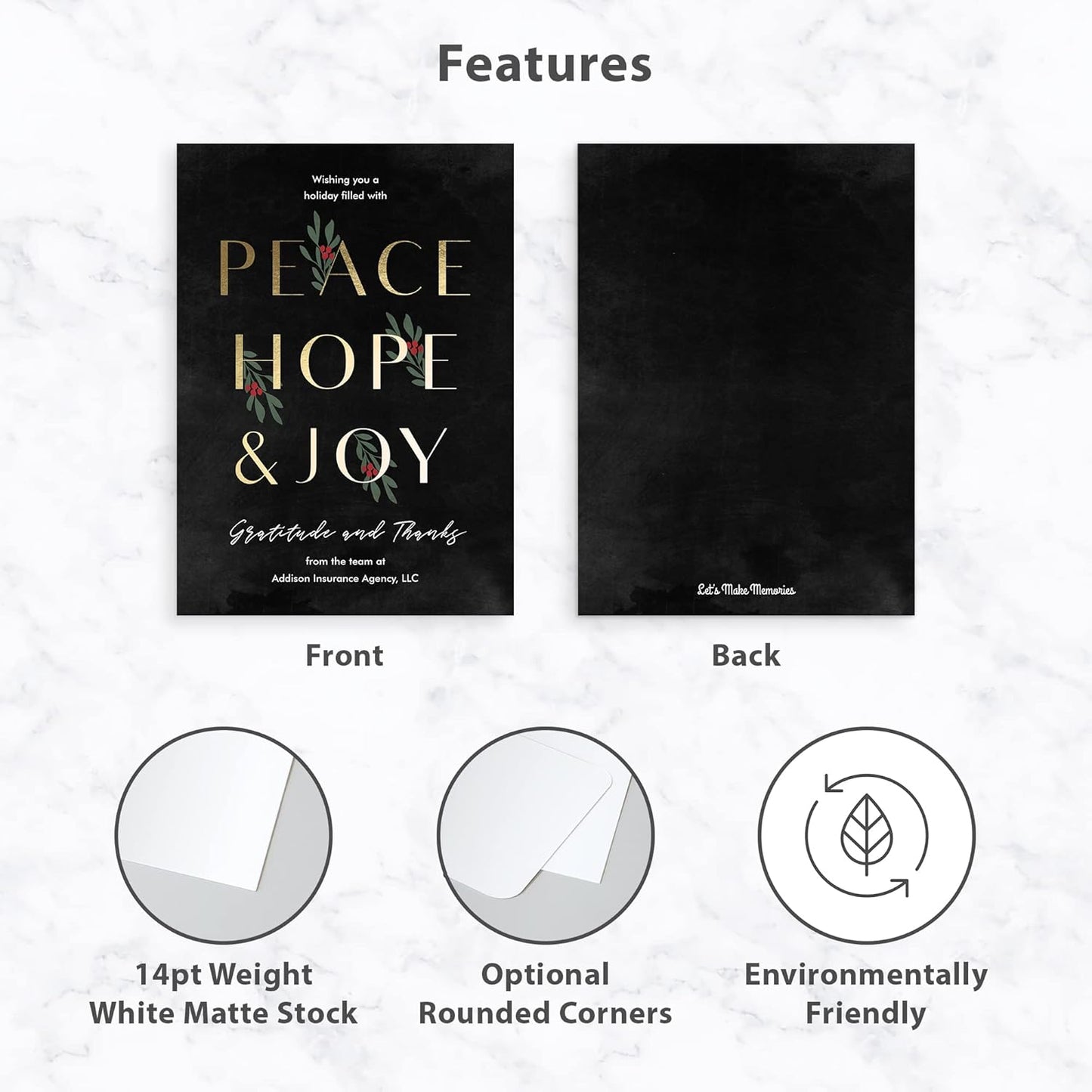 Let's Make Memories Personalized Business Christmas Cards with Envelopes - Premium Quality - 5x7-2025 Holiday Cards & White Envelopes - Peace, Hope & Joy - 15 ct