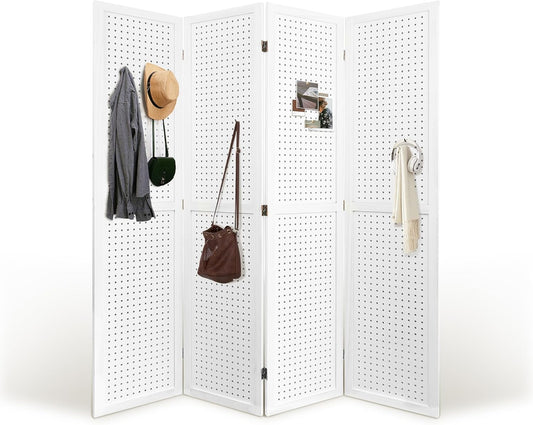 2 Pack Room Divider, 5.6FT Folding Room Divider Panel, 4 Panel Pegboard Display Wood Partition Wall Divider for Room Separation& Craft Shows, White