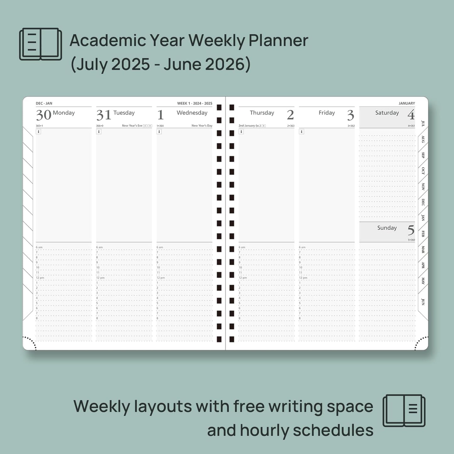 POPRUN Academic Planner 2025-2026 (July 2025-June 2026), Daily Weekly and Monthly Appointment Book (Wirebound Hard Cover - 10'' x 8'') with Hourly Time Slots, Tabs, 100 GSM - Haze Blue