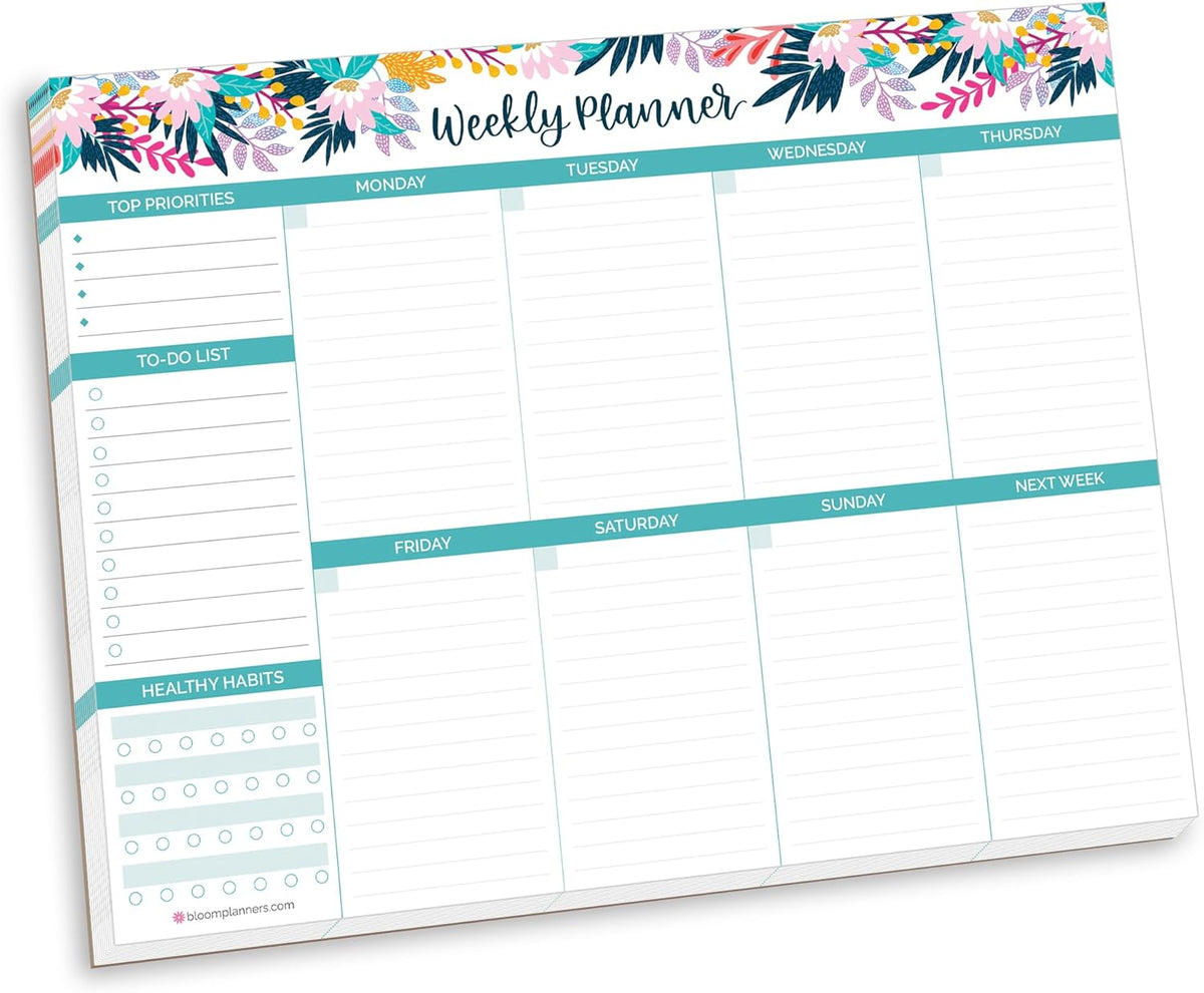 bloom daily planners Horizontal Weekly Tear-Off To Do List Planning Pad - Undated Notepad Organizer & Healthy Habit Tracker - 8.5” x 11” - Floral