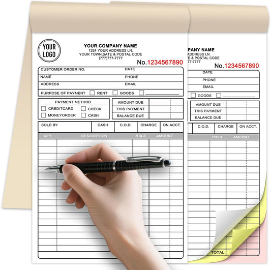Custom Invoice Receipt Book for Small Business 5.5x8.5" Personalized 3-Part Contractor Duplicate Carbonless Sales Forms with Company Name Address Phone Number 150 Sets