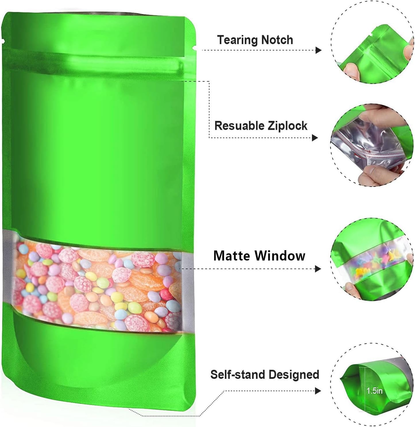 4"x6" 120pcs Mylar Bags for Food Storage,Smell Proof Bag with Matte Window Resealable Food Storage Bags for Small Business, Stand-up Foil Pouch Packaging Freeze Dried Candy Bag（Green）