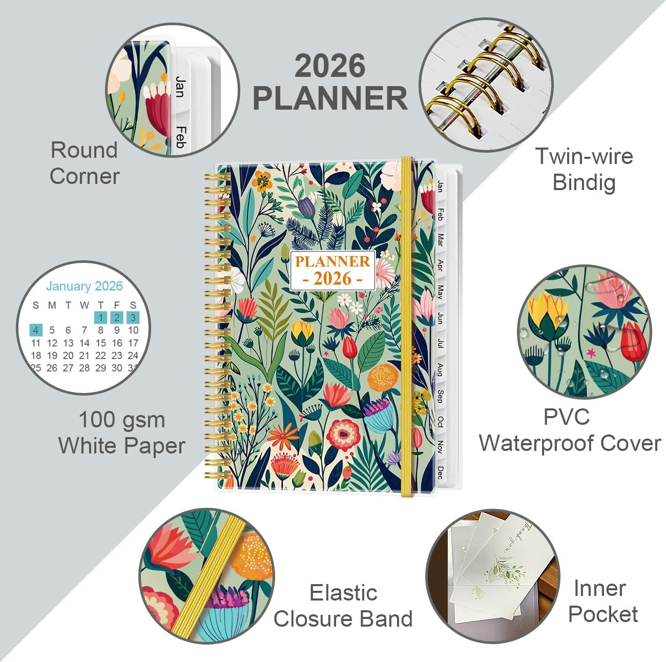 2026 Planner - Planner 2026 from January 2026 - December 2026, Weekly & Monthly Planner Spiral Bound with 12 Monthly Tabs, Inner Pocket, 6.4" x 8.5", Flower-E