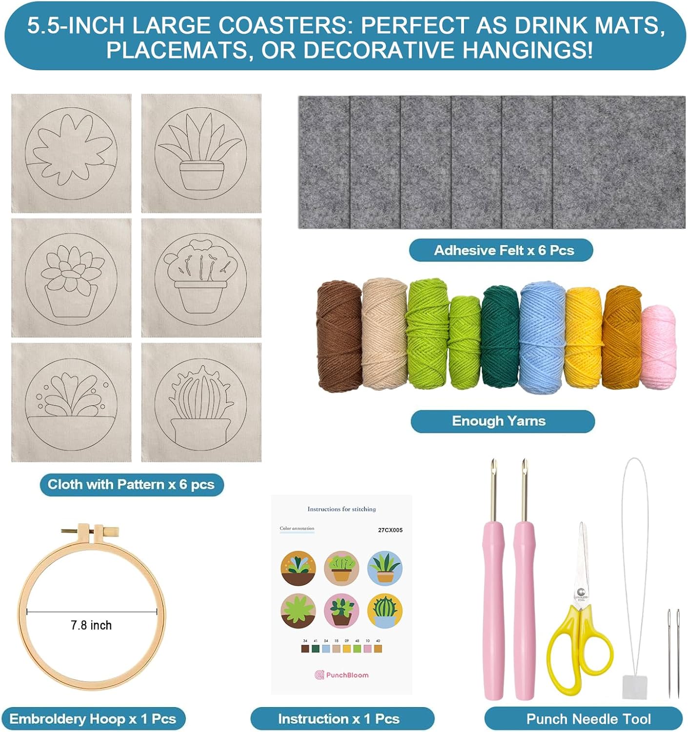 Punch Needle Kit for Adults Beginners, 6Pcs Succulent Plants Punch Coaster Starter Kit, Easy Embroidery Stitch Set with Instructions – Fun DIY Needle Point Craft for Table Decor & Festival Gifts