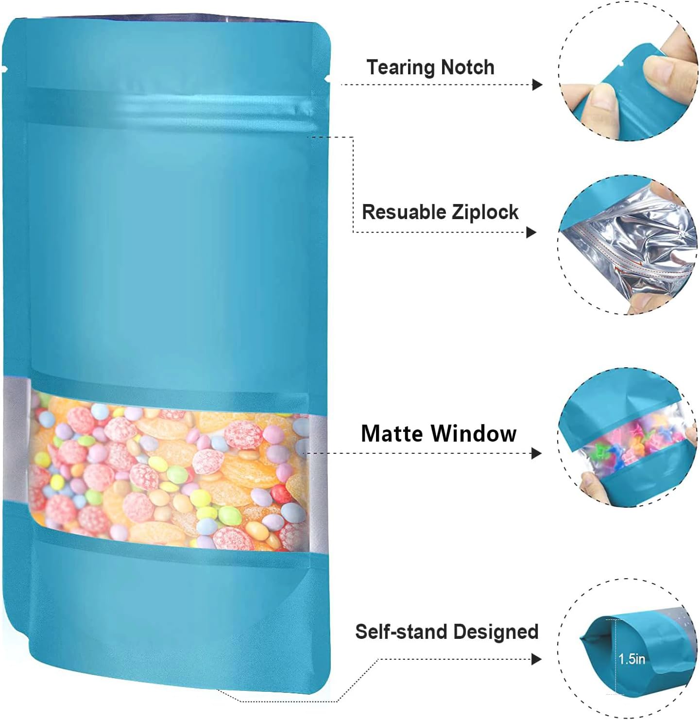 5.9"x8.6" 120pcs Mylar Bags for Food Storage,Smell Proof Bags with Matte Window Resealable Food Storage Bags for Small Business, Stand-up Foil Pouch Packaging Treat Snack Bags for Self Sealing（Blue）