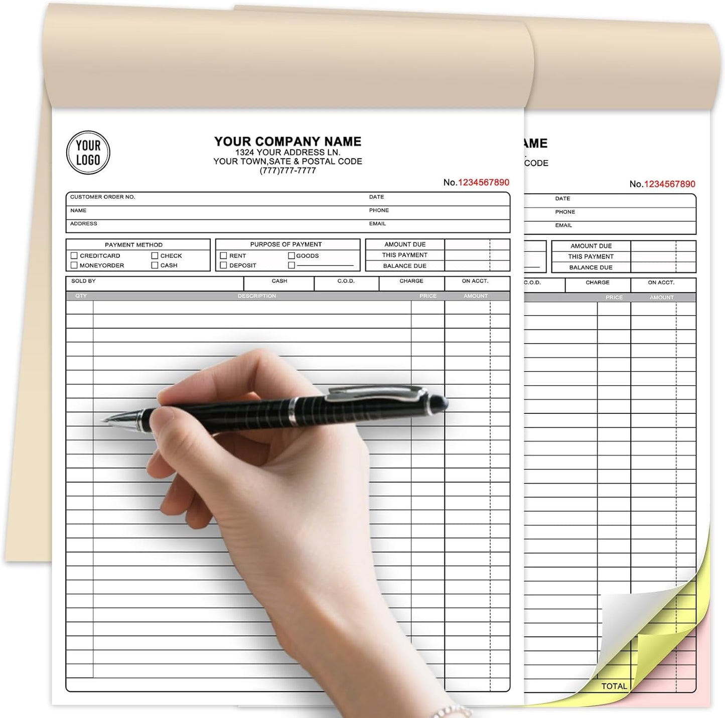 Custom Invoice Receipt Book for Small Business 8.5x11" Personalized 3-Part Contractor Duplicate Carbonless Sales Forms with Company Name Address Phone Number 150 Sets