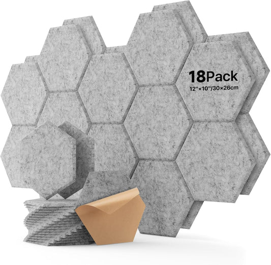 Soundsbay Acoustic Panels, 18 Pack Hexagon Soundproof Wall Panels High Density Sound Absorbing Panel, Sound Proof Foam Panels for Walls, Office, Reccording Studio, Ceiling 12" X 10" X 0.4", Gray
