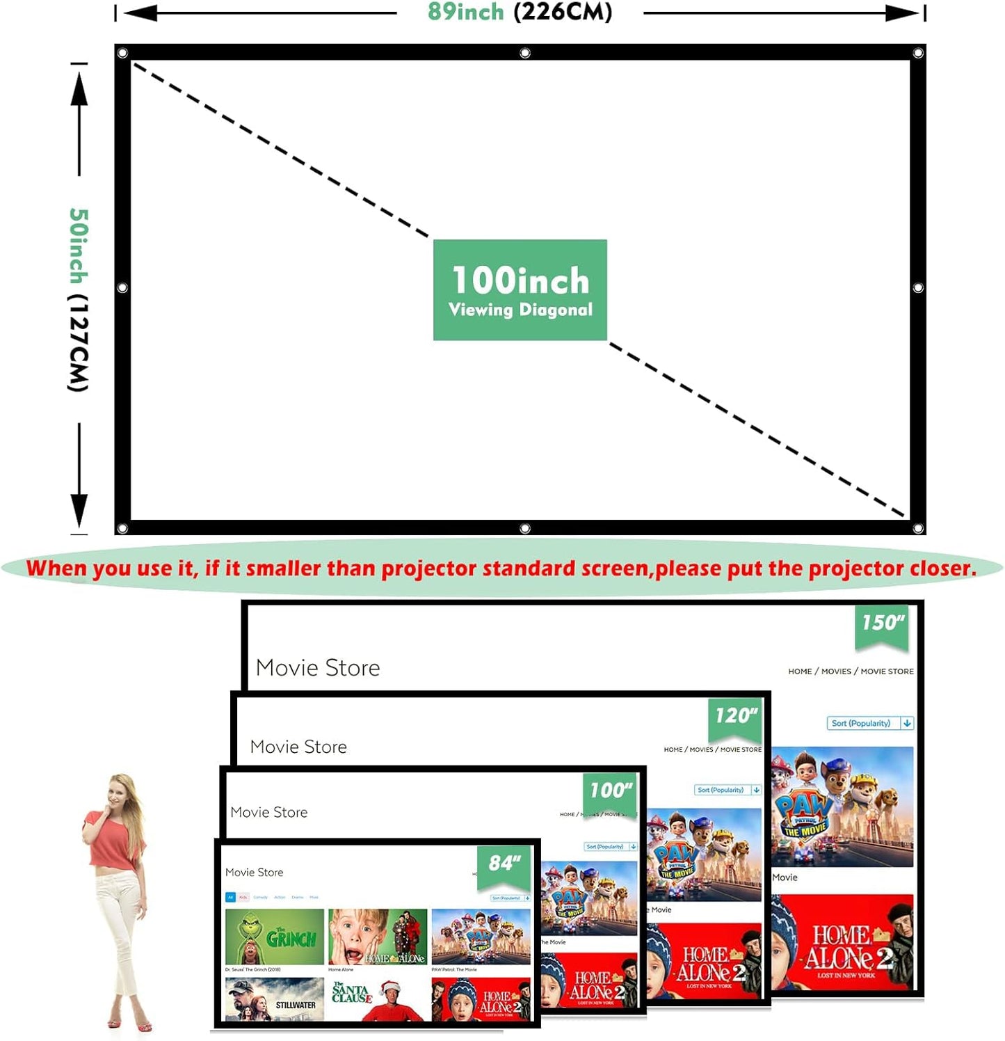Projector Screen 100 inch, Taotique 4K Movie Projector Screen 16:9 HD Foldable and Portable Anti-Crease Indoor Outdoor Projection Double Sided Video Projector Screen for Home, Party, Office, Classroom