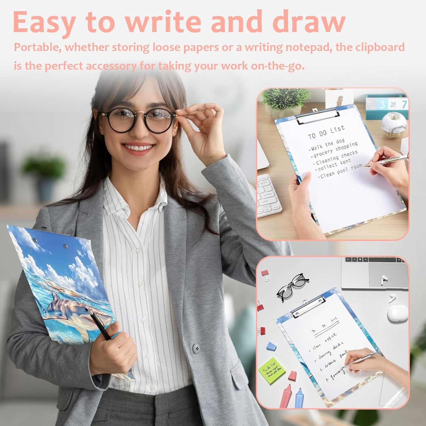 Cute Shark Plastic Clipboards,Cute Fashion Clipboard Decorative 8.5" x 12.5"Standard A4 Size Clipboards,Acrylic Clipboard for Teacher,Social Worker,Students,Nurse,Office Supplies
