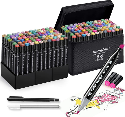 Alcohol,84 Colors Dual Tip Coloring Markers for Adults,Markers for Adults,Give 1 White Highlighter,1 Tracing Pen,Coloring Illustrations Sketch Drawing Painting Card Making(Black Pen Container)