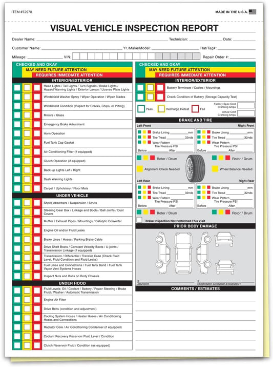 Visual Vehicle Inspection Report – 2-Part Carbonless Vehicle Checklist, Snap-Out Auto Service Forms, Fleet Maintenance Logs, Car Checkup Sheets - White & Canary 8.5"×11" - Pack of 1000
