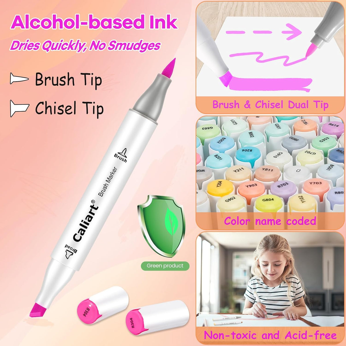 Caliart Markers Brush & Chisel, 168 Colors Alcohol Markers for Adult Coloring Book, Dual Tip Art Pen Set for Artist Illustration Sketch Drawing Gift