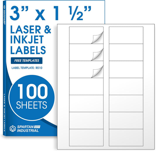 3" X 1.5" Matte White Printable Labels Compatible with Inkjet and Laser Printers - 100 Sheets, 1400 Total Stickers for Bottles, Product Labeling, Mailing - Spartan Industrial