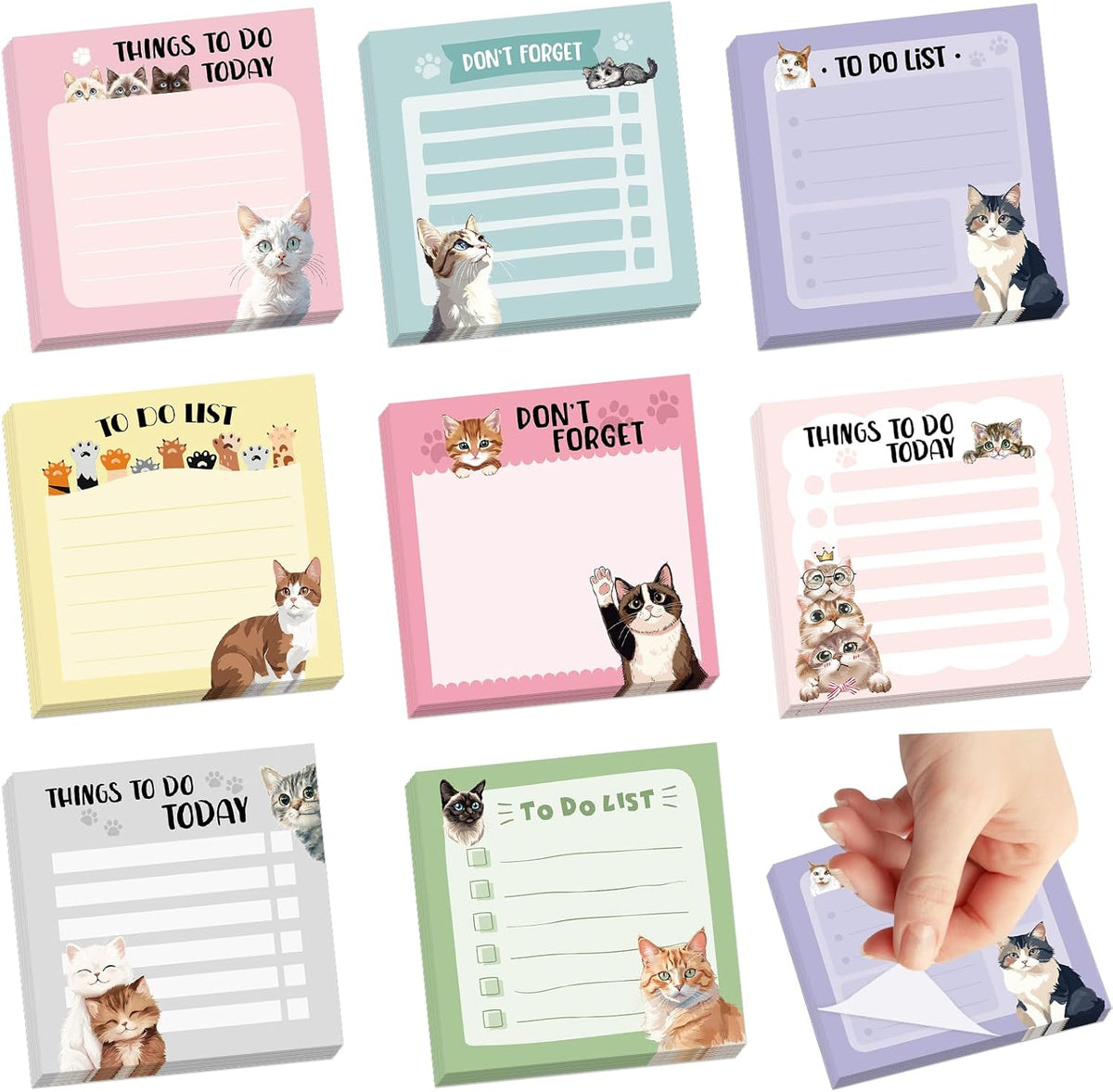 600Pcs Cat Sticky Notes, Funny Cat to Do List Notepad Cat Theme Self Stick Note Pads Cute Cat Memo Pads Kawaii Cartoon Animal Sticky Notes for Cat Lover Office Home School Supplies