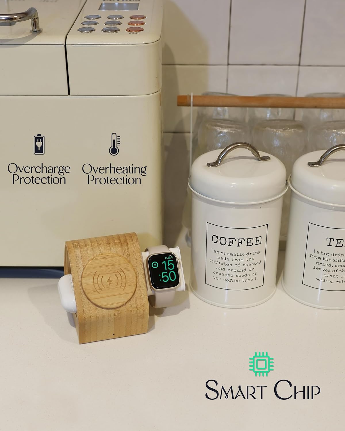 Bamboo Wireless Charging Station for Apple: 3-in-1 Charger Stand with Cabin Style for iPhone 16 15 14 13 12 Series, Apple Watch 10-2, Ultra, and AirPods 4-2, Pro, MagSafe Wireless Charger(20W Adapter)