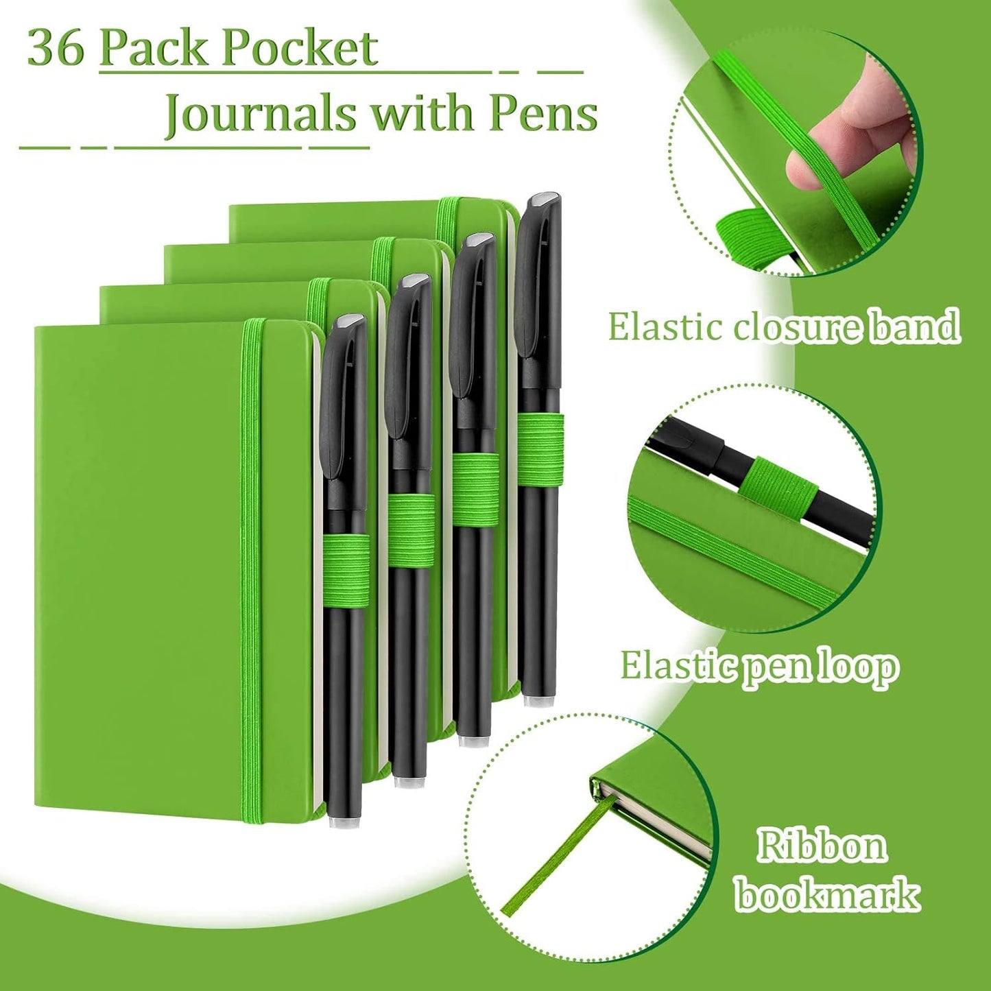 Laumoi 36 Sets Pocket Notebook Journals with Pens A6 Cute Small Journal Notebook Ruled Lined Mini Notepad Hardcover Executive Notebooks Set with Pen Holder for School Office, 3.7 x 5.7 Inch (Green)