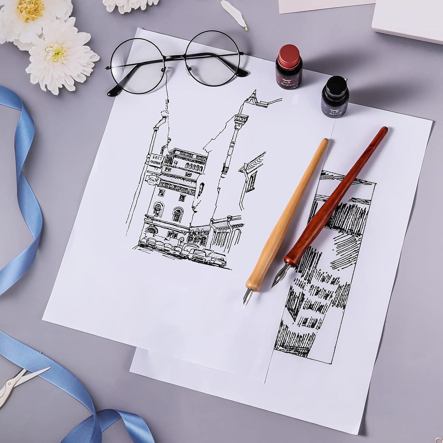 Chinco 14 Pcs Dip Pen Nibs Holders with Comic Calligraphy Wooden Drawing Pen Holder with Stainless Steel Nib for Writing Painting Signing Present