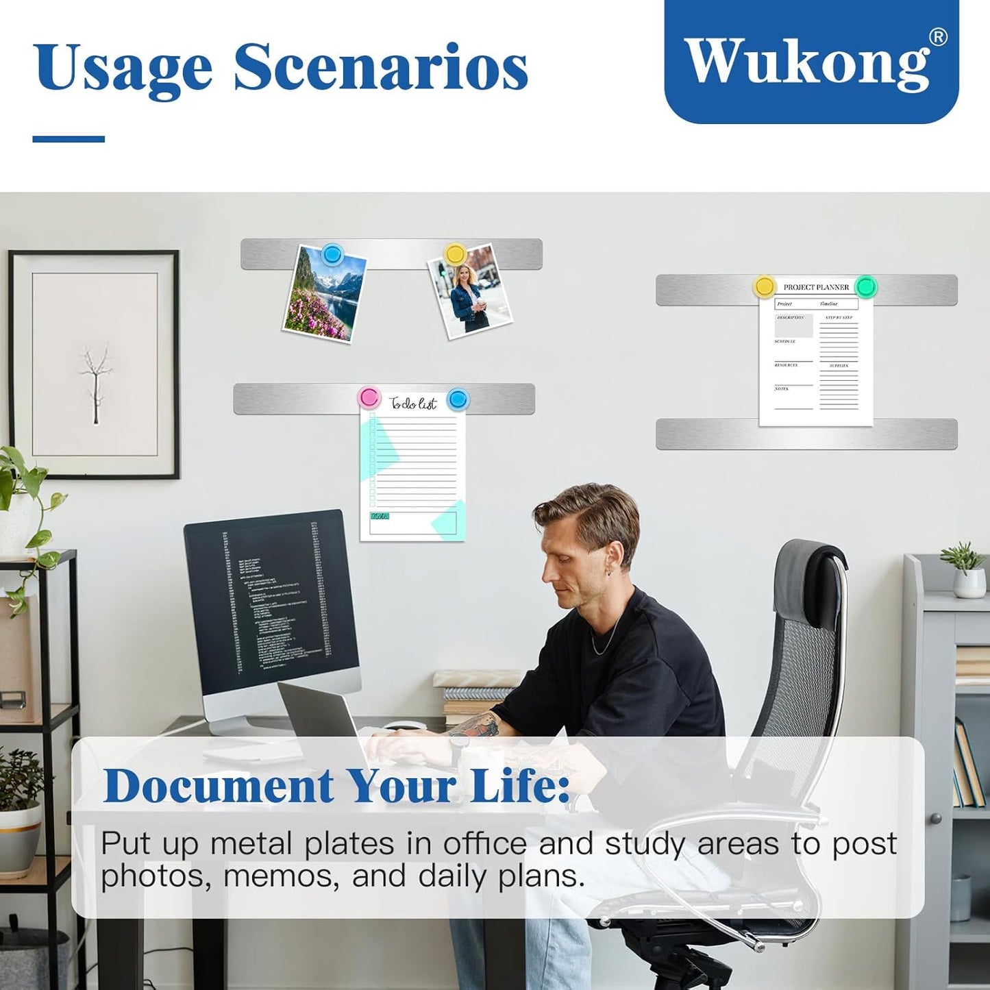 Wukong 4 Pack | 30x3cm(11.81 x 1.18) Magnetic Stainless Silver Boards Strips, Adhesive Backing Bulletin Bar Board, Memo Board with 16Pcs Colorful Magnets for Office, Home, Photo Wall, Document