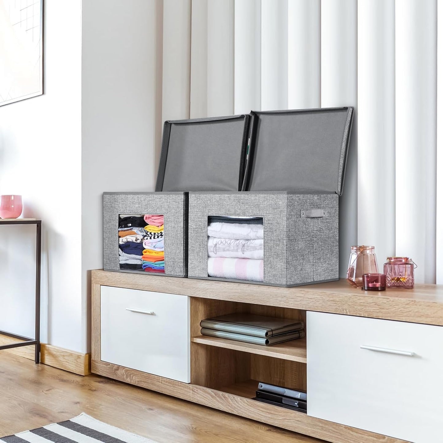 Univivi Fabric Foldable Storage Boxes Large Storage Bins with Lids [4-Pack] Collapsible Storage Cubes, Closet Organizers and Storage Cubes for Home, Bedroom, Closet (Grey, 17“ x 12” x 12")