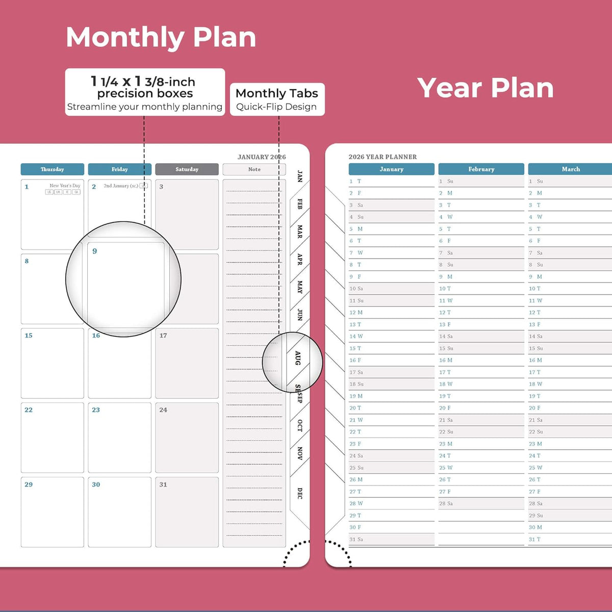 IN-LUXPRO Planner 2026 Daily Weekly and Monthly,11.5"x8.5",12 Months Spiral Bound Calendar Agenda with Self-adhesive Pen Holder,2026 Appointment Book with Vegan Leather Soft Cover,Rose Red