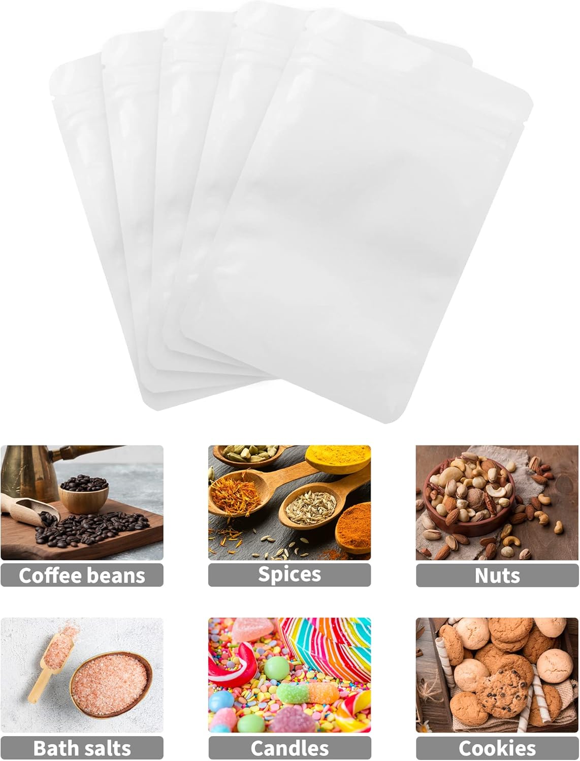 100 Pack Resealable Stand Up Bags,Smell Proof Pouch Sealable Foil Pouch Bags for Packaging (White, 3.5" x 5.1")