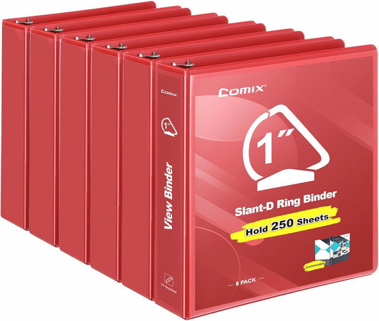 COMIX Sturdy 1 Inch Binders 3 Ring with Clear View Cover, 1" Slant-D Ring View Binder Holds 225 Sheets of US Letter Size Paper, 6 Pack (Red)