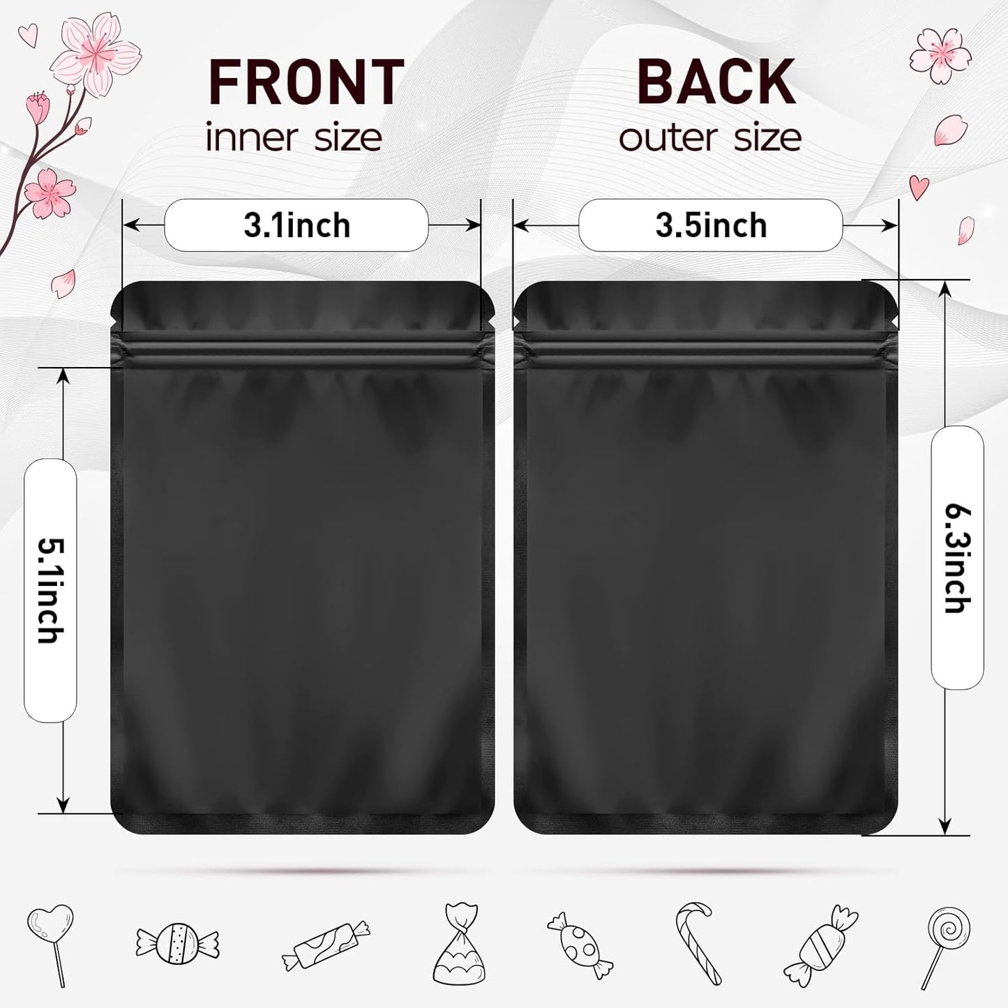 Funfery 100 Pack Black Mylar Packaging Bags Resealable Bags Double Sided Color Odor Proof Pouch Baggies Smell Proof Foil Bag for Food Storage,Small Business(Black,3.5x6.3inch)