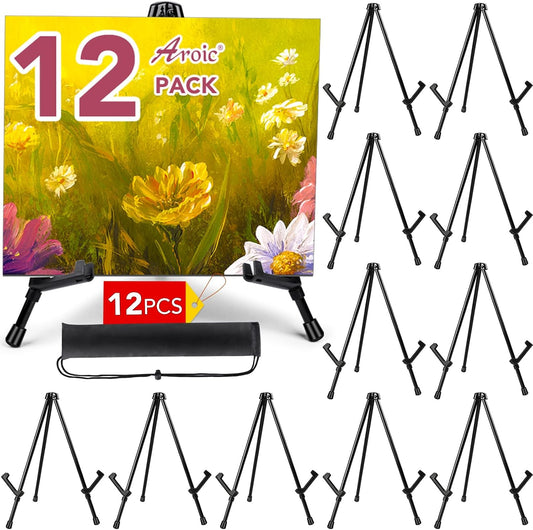 AROIC 12 Pack 14'' Tabletop Easels, Black Steel Table Top Easels for Display, Adjustable Portable Table Top Easel for Paintings, Signs, Posters,Frame Pictures(with 12 Bags)