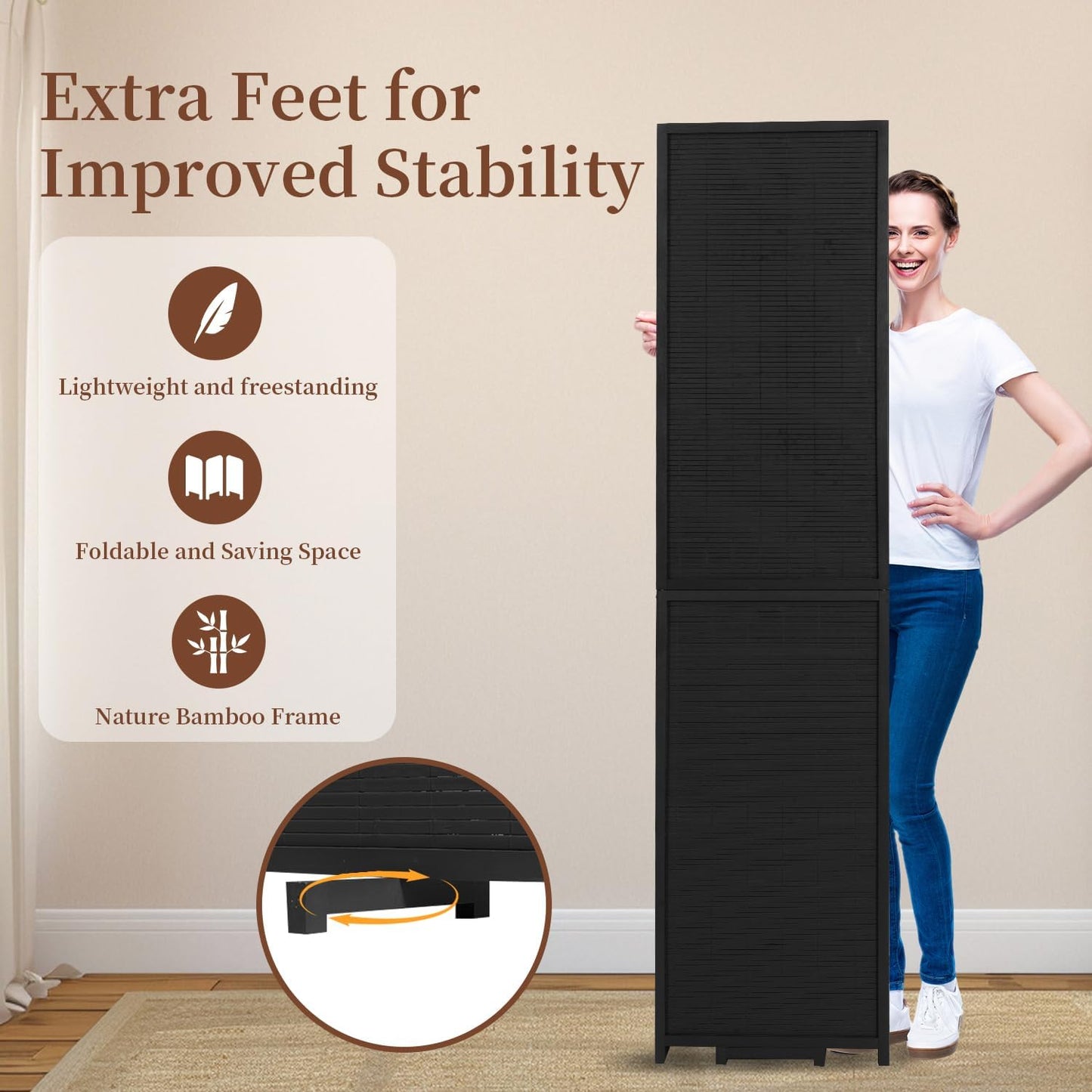 Bamboo Room Divider 8 Panel Wall Divider, 142'' W x 67'' H Folding Design with Extra Stable Base, 100% Bamboo Room Divider Screen for Room Separation, Chinese Room Partitions and Dividers Freestanding