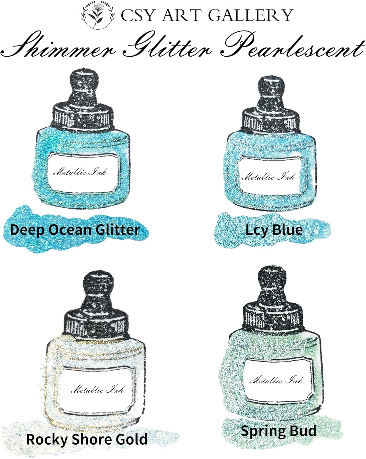 CSY art gallery Metallic Acrylic-Calligraphy-Craft -Drawing Inks,Glitter -Pearlescent -ICY Blue Paint with Dropper, 1oz - 29.5 ml (Ice Lake Mountains Set)