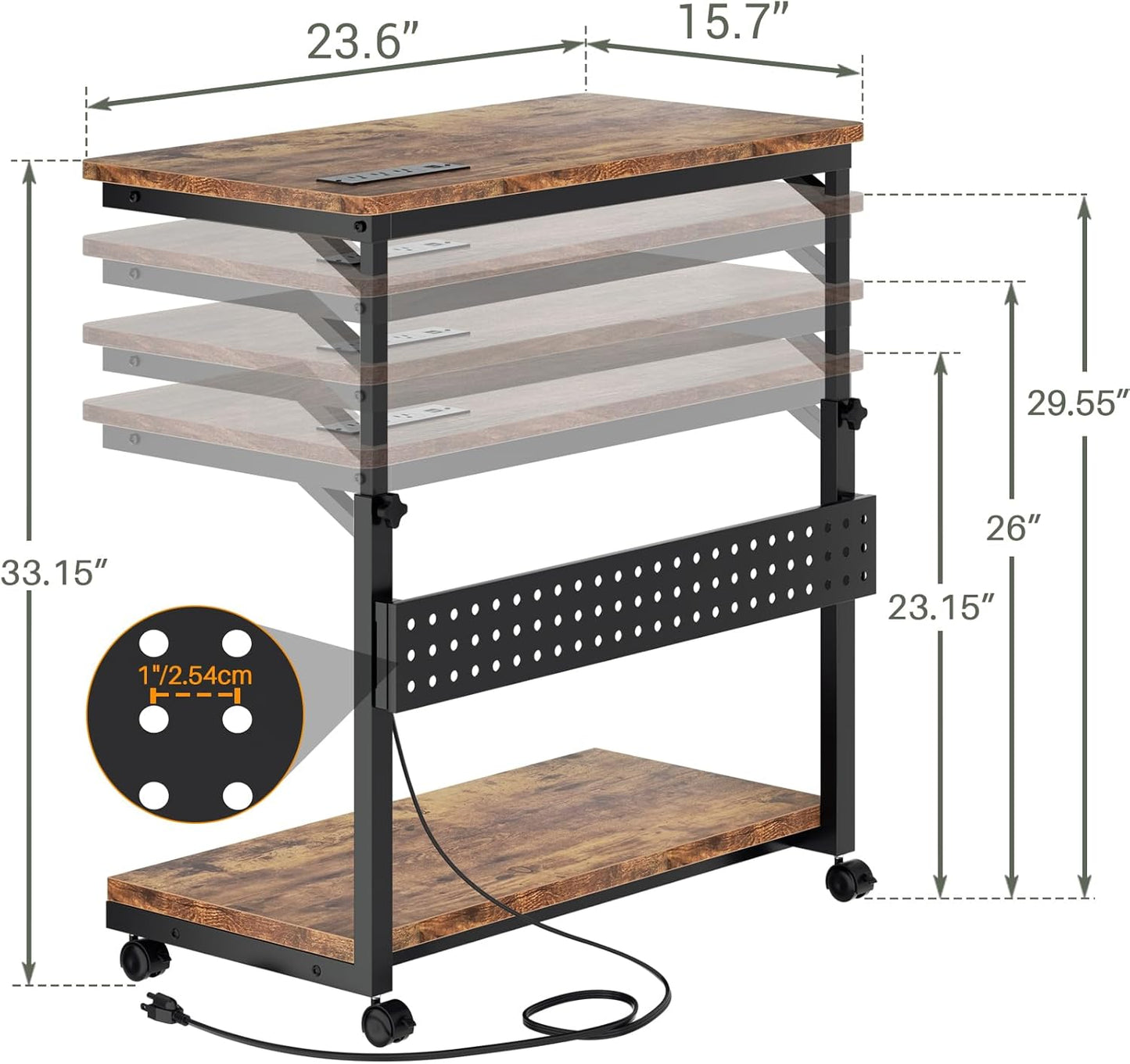 Computer Tower Stand with Power Strips, 4 Levels Manual Height Adjustable PC Tower Stand for Under Desk, Mobile Rolling CPU Holder, Computer Cart with Wheels, 24", Rustic Brown