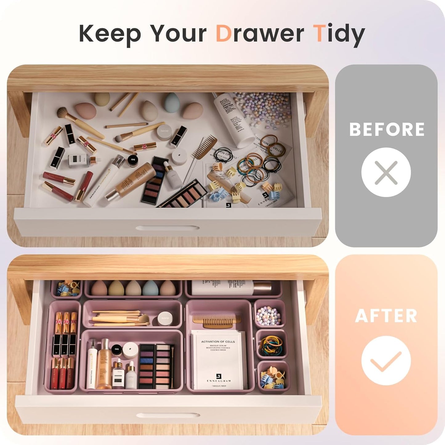 【28PCS】A-LUGEI Drawer Organizer, Bathroom Organizers and Storage, Makeup organizer, Desk drawer organizer, Storage Bins for Kitchen Office Bedroom Vanity Jewelry Pantry Garage【Purple】【4Size】