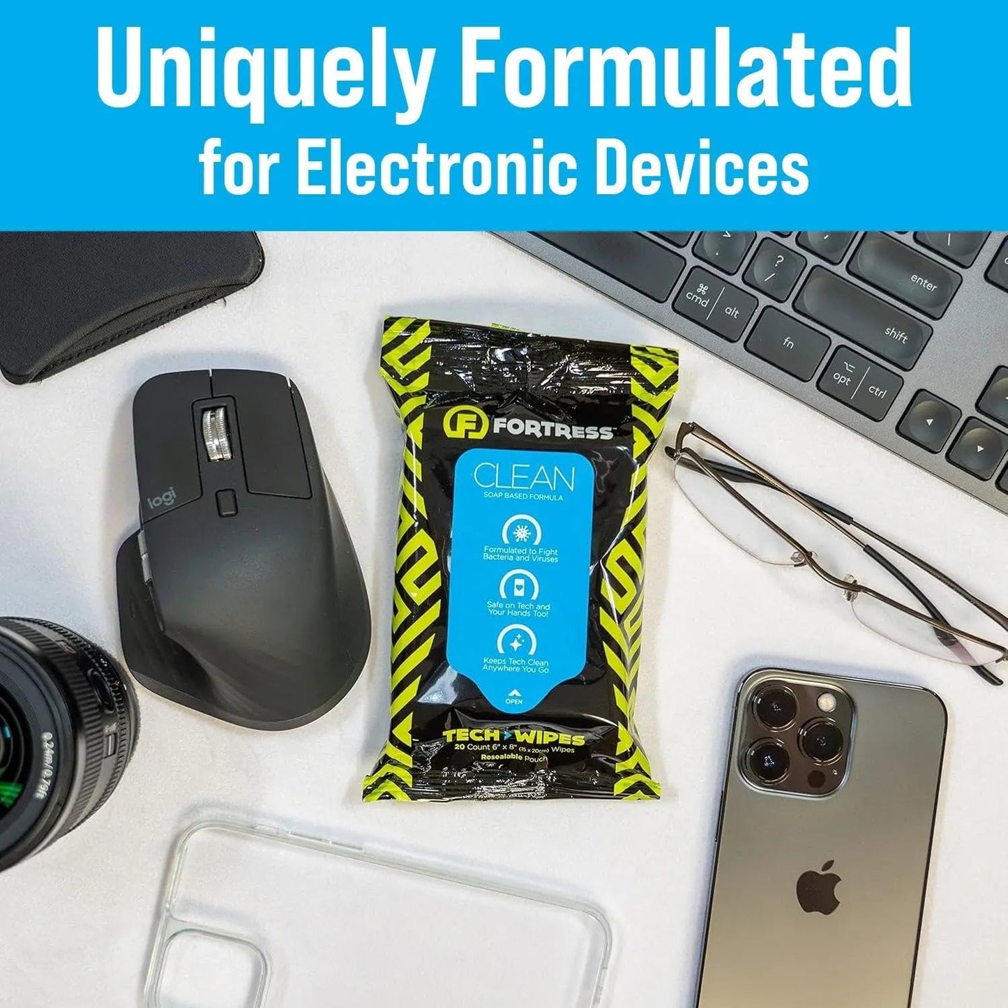 Fortress Electronic Wipes (25 ct, Pack of 12) To-Go Tech Wipes for Screens, Phones, Keyboards, TV Monitors, Computer Screens, and More [Travel Size] Skin-Safe