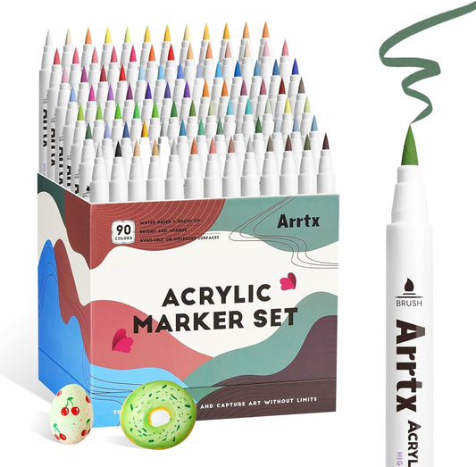 Arrtx 90 Colors Paint Markers, Acrylic Paint Pens for Artists Adults Coloring Drawing - Extra Brush Tip for Rock Painting, Wood, Canvas, DIY Crafts Making Art Supplies