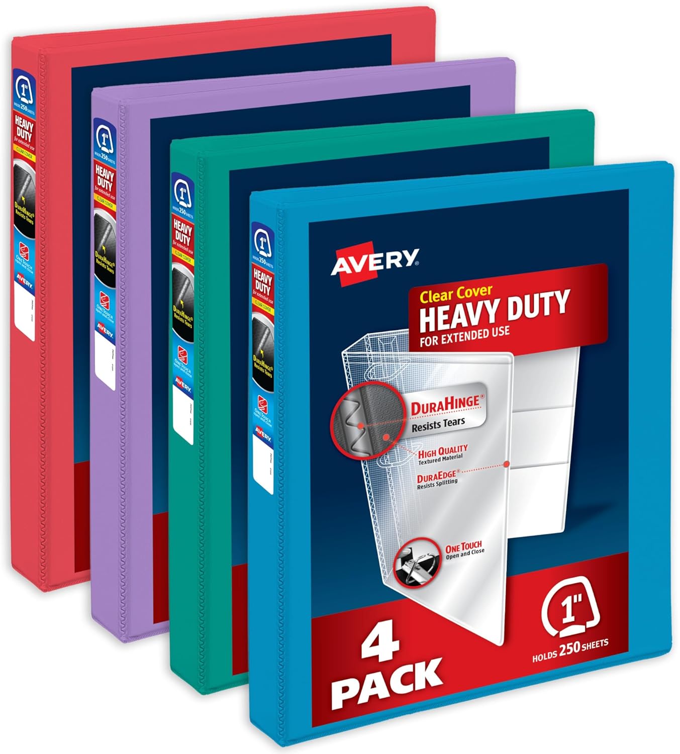 Avery Heavy-Duty View 3 Ring Binders, 1 Inch One Touch Slant Rings, 250-Sheet Capacity, Assorted Bright Colors, 4-Pack (79630) – for School, Office, Teachers, Classrooms & Home Organization
