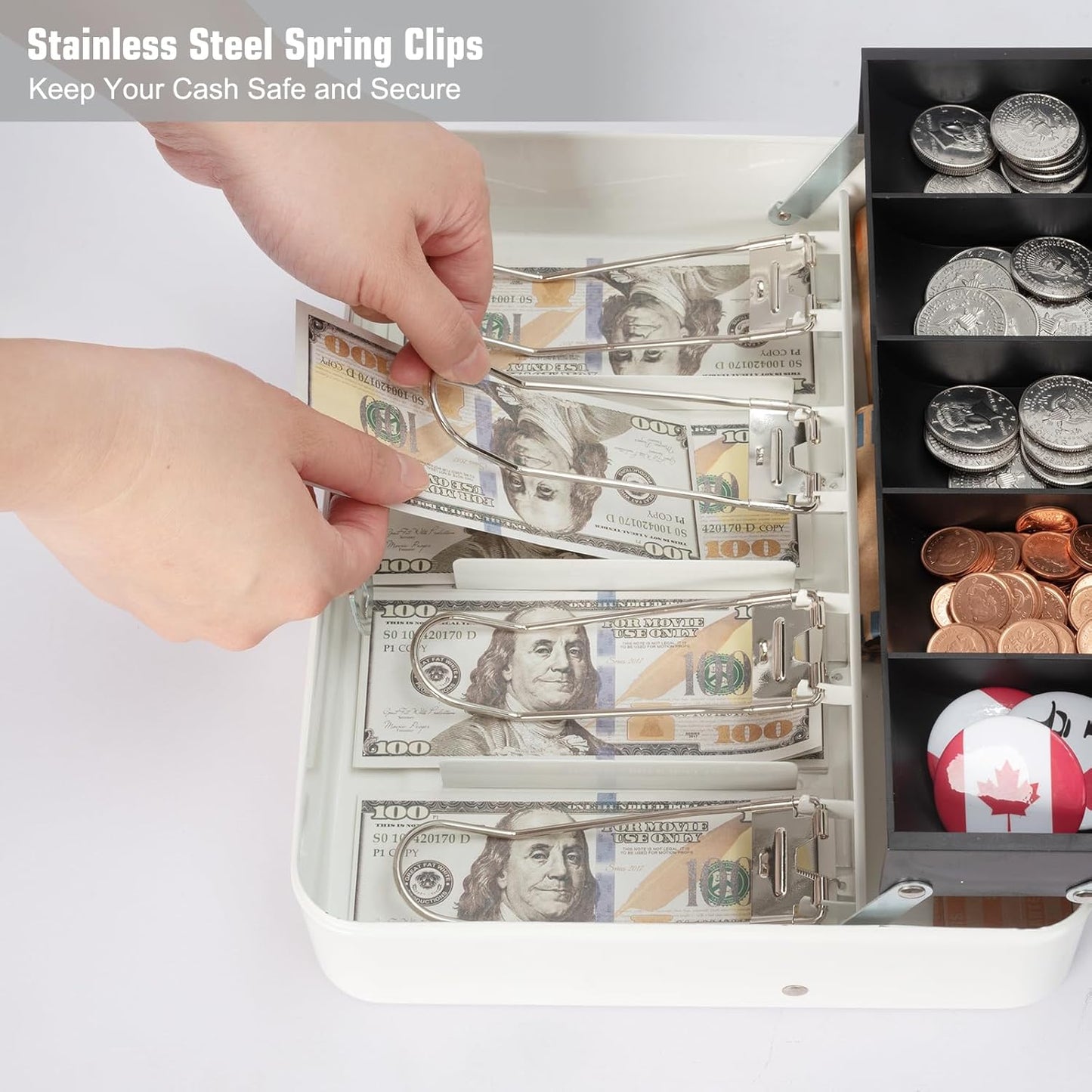Cash Box with Money Tray and Key Lock, Large Metal Safe Money Box for Cash, Locking Money Saving Organizer, Lock Box for Money Storage 11.8"x9.45"x3.54" White XL Large