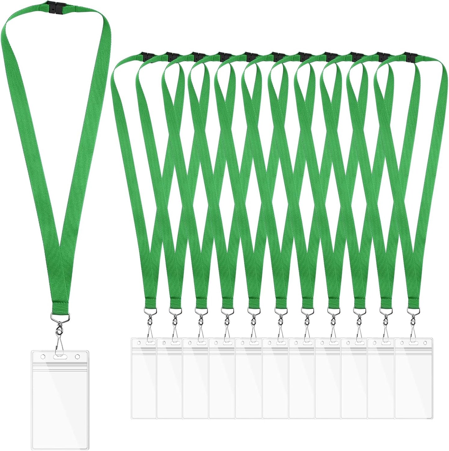 12 Pack Green Breakaway Lanyards with Waterproof Badge Holders, Metal Hook, Polyester Neck Straps for ID Cards, Events, Office, and Schools