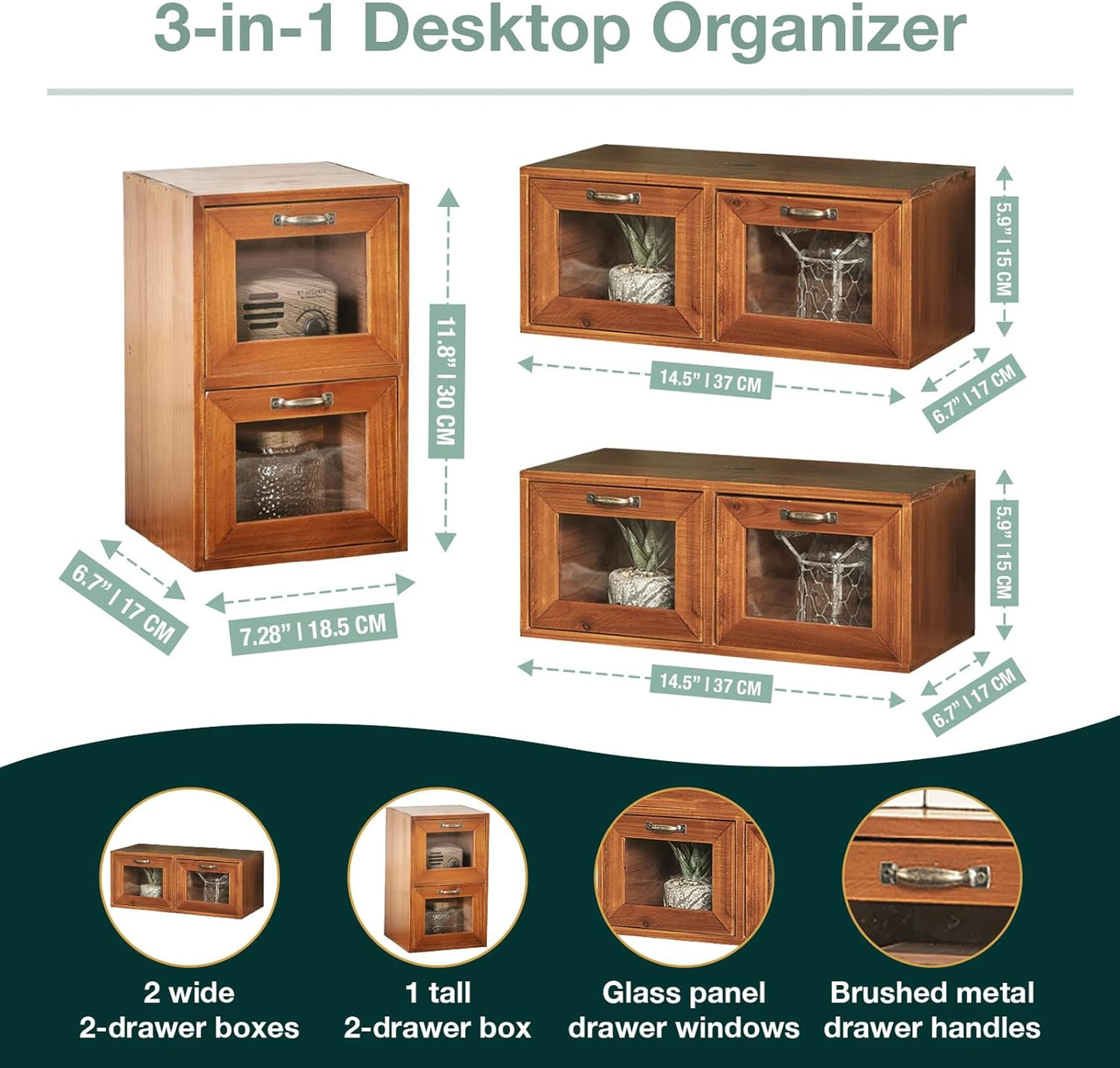 Set of 3 Desktop Organizer with Drawers - 2-Drawer Wood Organizer for Desk - Vintage Countertop Drawers with Glass Doors - Wooden Organizer Box for Index Card Catalog, Collectibles, Herb Storage