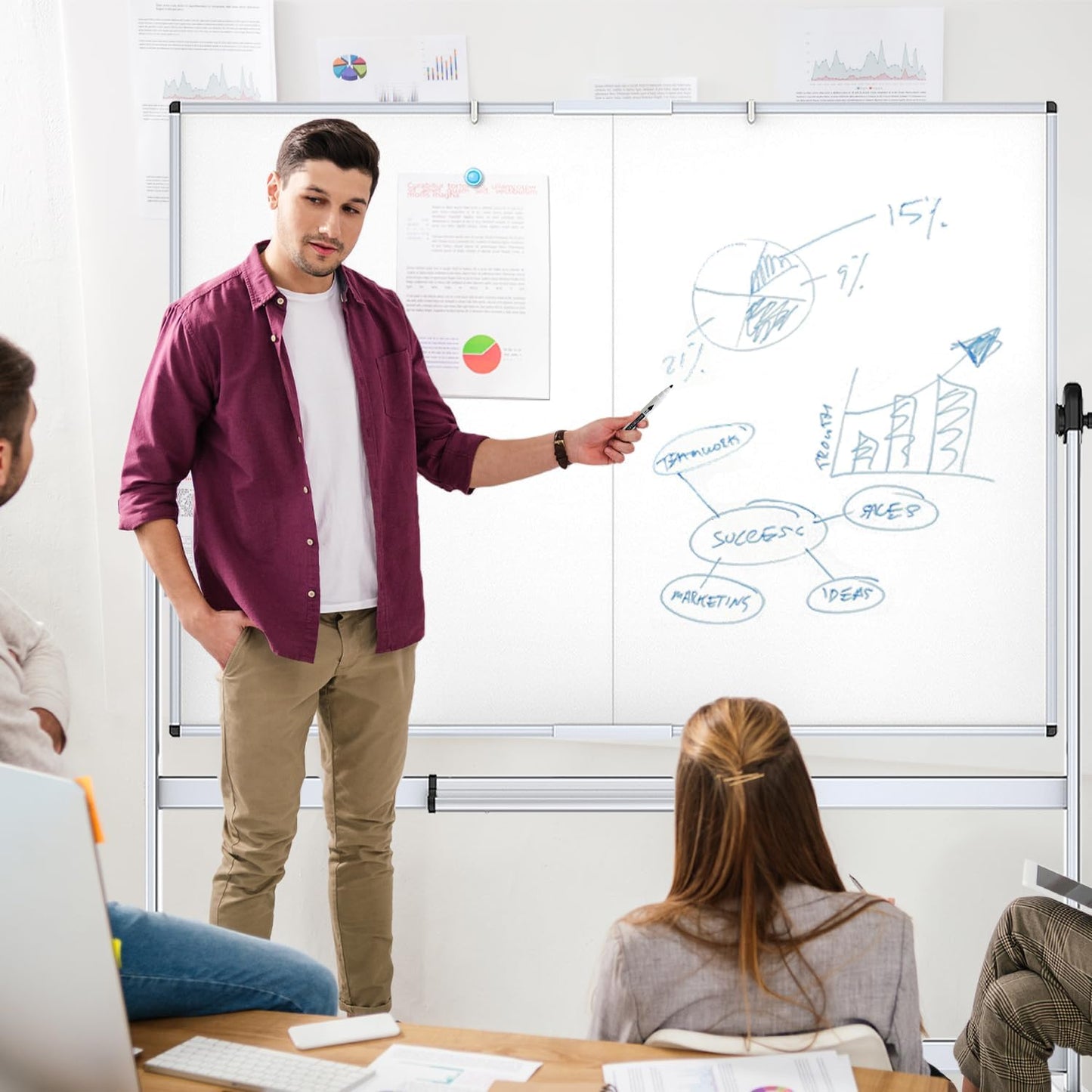 VIZ-PRO Double-Sided Mobile Whiteboard, 60 x 48 Inches, Magnetic Rolling Dry Erase White Board on Wheels with Aluminium Frame and Stand 5' x 4'