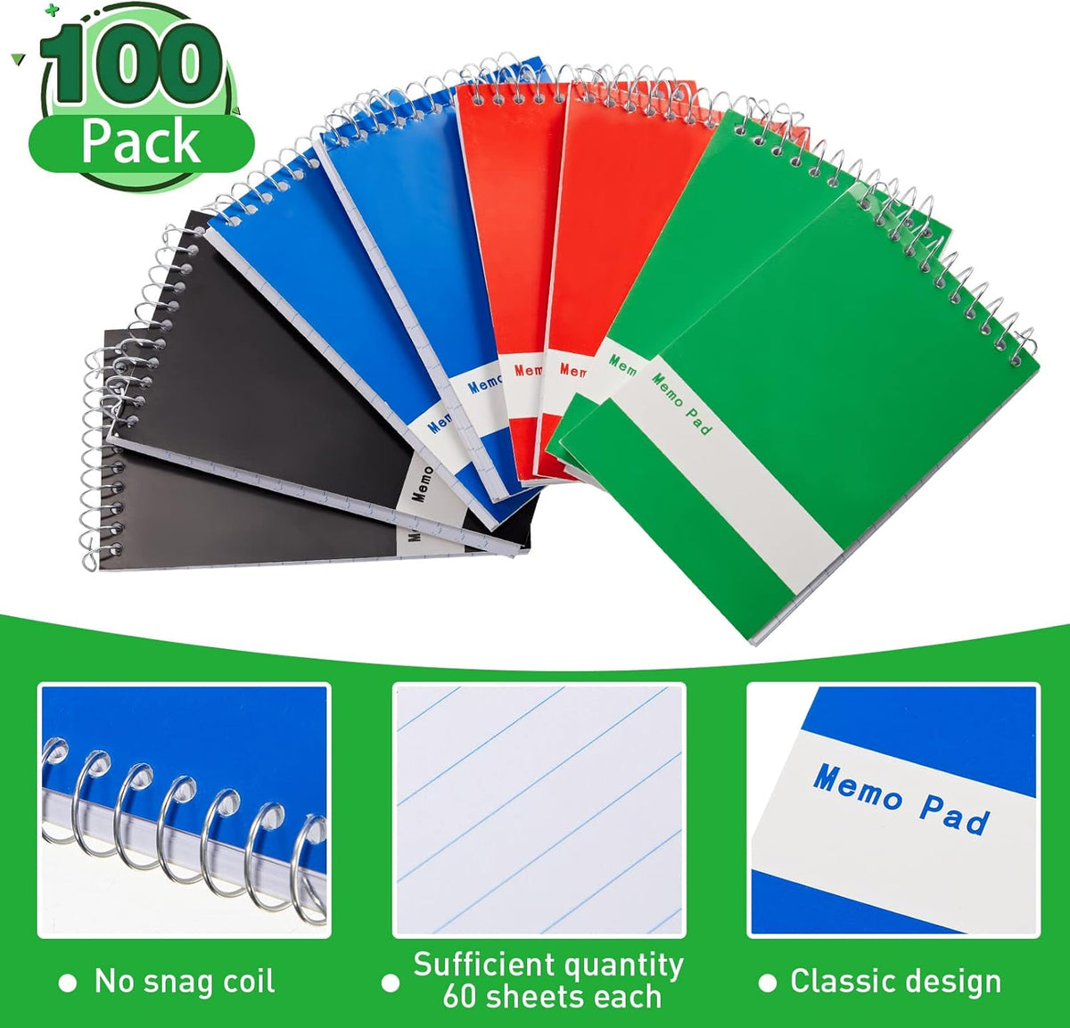 Thenshop 100 Pads Spiral Memo Pads Bulk 3 x 5 Inch Small Pocket Notepad Top Bound Lined 60 Sheets Mini Notebooks for School College Office Home Supplies (Black,Green,Dark Blue,Red)